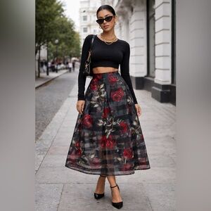 Black Rose Floral Midi Skirt Sheer Overlay Romantic A-Line Coquette Party XLg